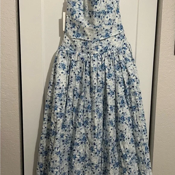 MISS CIRCLE PALOMA BLUE PRINT LINEN CORSET DRAPING TOP MIDI DRESS - Picture 2 of 4